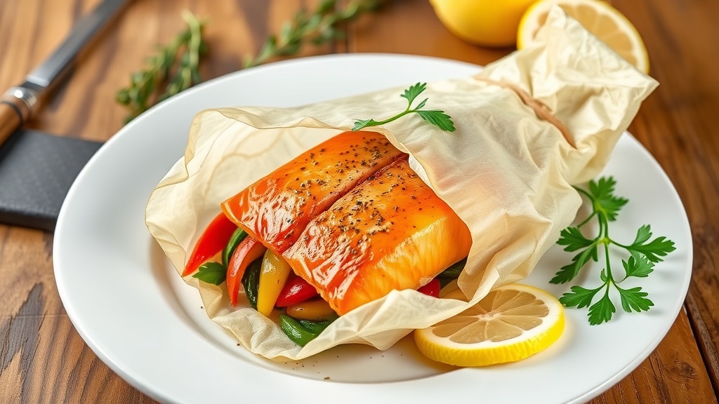 Delicious Salmon en Papillote Recipe Salmon en Papillote wrapped in parchment with vegetables, garnished with herbs and lemon on a rustic table.
